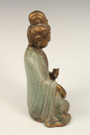 Chinese porcelain figure of Guanyin, decorated in jade green and gilt, 29cm high   CONDITION REPORT - Image 4 of 14