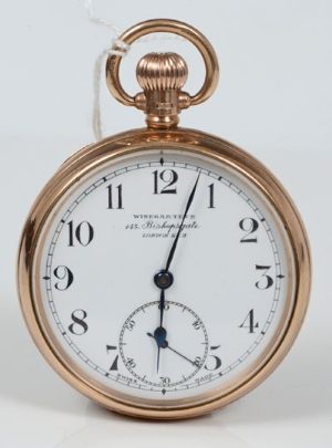 Gentlemen's gold (9ct) open face pocket watch with Swiss fifteen jewel button-wind movement,