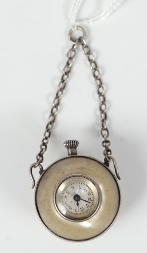 Edwardian ladies' silver mounted mother of pearl pendant ball watch with mother of pearl dial on - Image 3 of 4