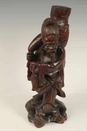Chinese carved wood figure of a fisherman, modelled standing, on a rocky base, 35cm high - Image 6 of 10