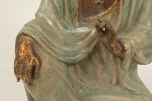 Chinese porcelain figure of Guanyin, decorated in jade green and gilt, 29cm high   CONDITION REPORT - Image 13 of 14