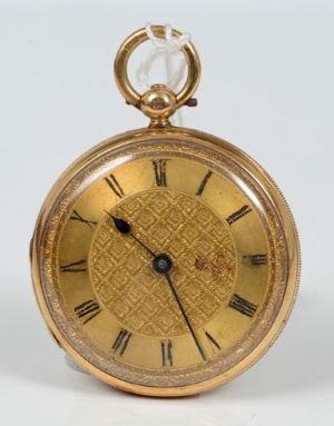 Victorian gold (18ct) key wind open face pocket watch with gilt matted dial, 4cm diameter