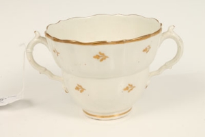 Rare eighteenth century Caughley chocolate two-handled cup and saucer, decorated with gilt sprigs, - Image 3 of 10