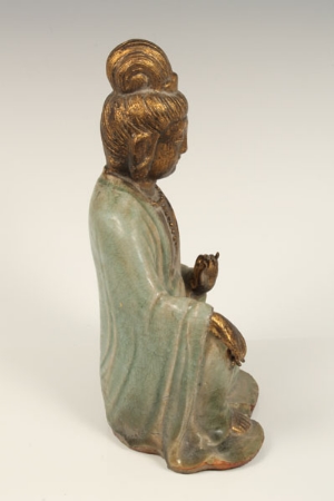 Chinese porcelain figure of Guanyin, decorated in jade green and gilt, 29cm high   CONDITION REPORT - Image 11 of 14