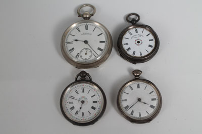 Victorian silver key-wind pocket watch by Waltham and three silver cased fob watches