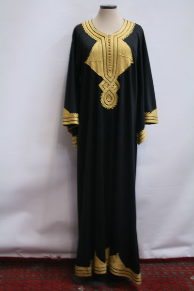 Ladies' 1970s vintage black full length kaftan with gold coloured bullion thread embroidery to