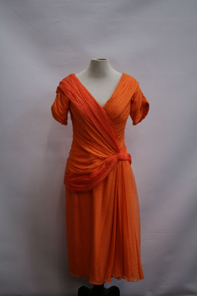 Ladies' vintage cocktail dress - orange chiffon and glitter dots, ruched and draped with Hardy Amies