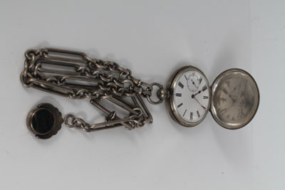 Nineteenth century Swiss silver full hunter pocket watch with key-wind movement, on chain with fob