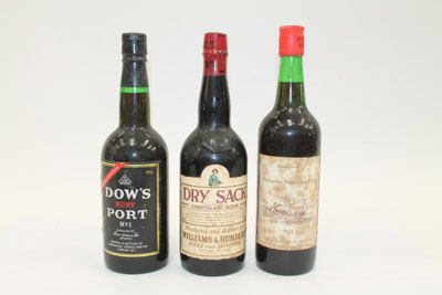 Bottle of Tidnams Shooting Port, bottle Dow's Ruby Port No. 1 and a bottle of Dry Sack Amontillado