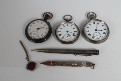 Three pocket watches, two silver pencils and a Victorian silver watch fob
