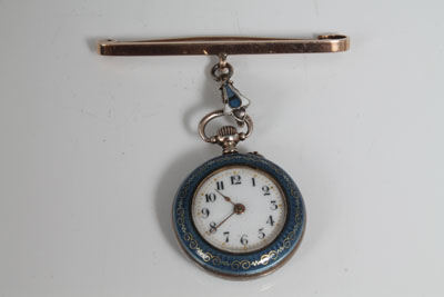 Early twentieth century ladies' silver and blue guilloche enamel fob watch with enamel dial,