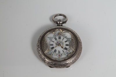 Late Victorian ladies' silver cased key-wind fob watch with floral painted enamel dial and Goliath