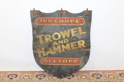 Ind Coope Allsopp Trowel & Hammer Pub enamel advertising sign in the form of a shield