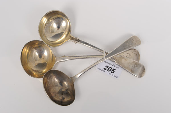 Pair Victorian silver fiddle pattern sauce ladles with engraved monograms (London 1881), Francis