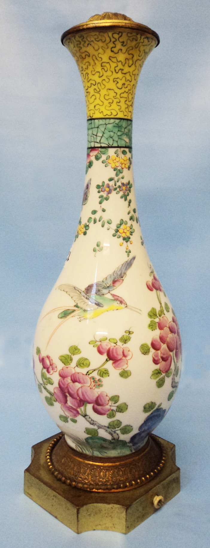 A Chinese bottle vase lamp with flowering branch, bird and insect decoration