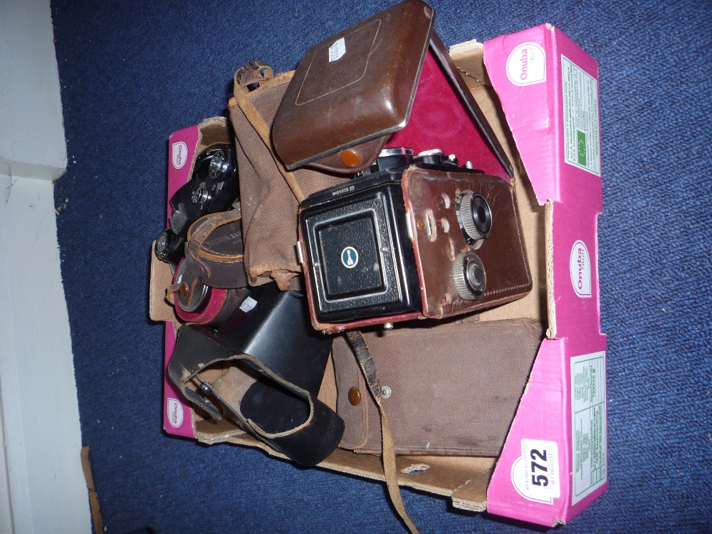CAMERAS, including Yashica 635 TLR, Zenit E SLR Coronet folding, a box Brownie, Mayfair Santer