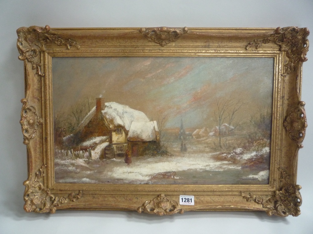 BARNES, HENRY (FL.1850-1893), A winters day, oils on canvas, signed, framed, 28cm x 50cm