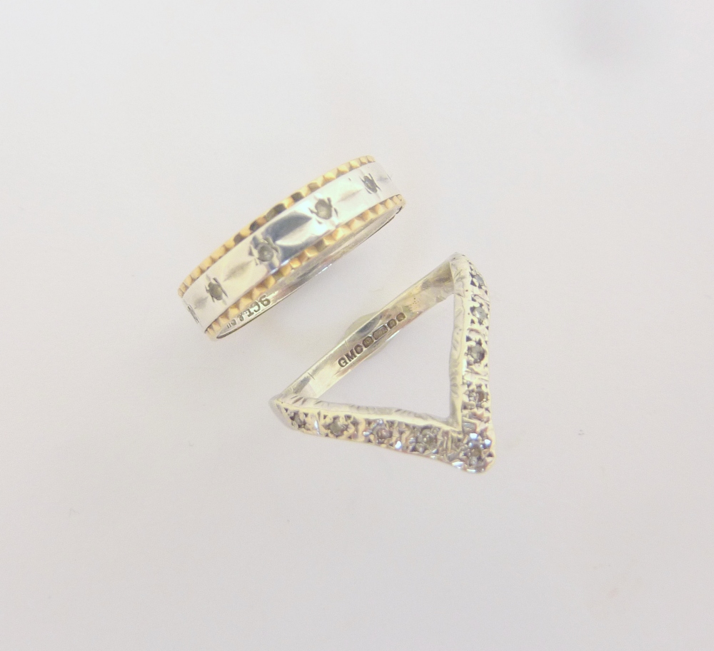 TWO RINGS, to include a 9ct gold diamond wishbone ring together with a silver and 9ct gold diamond