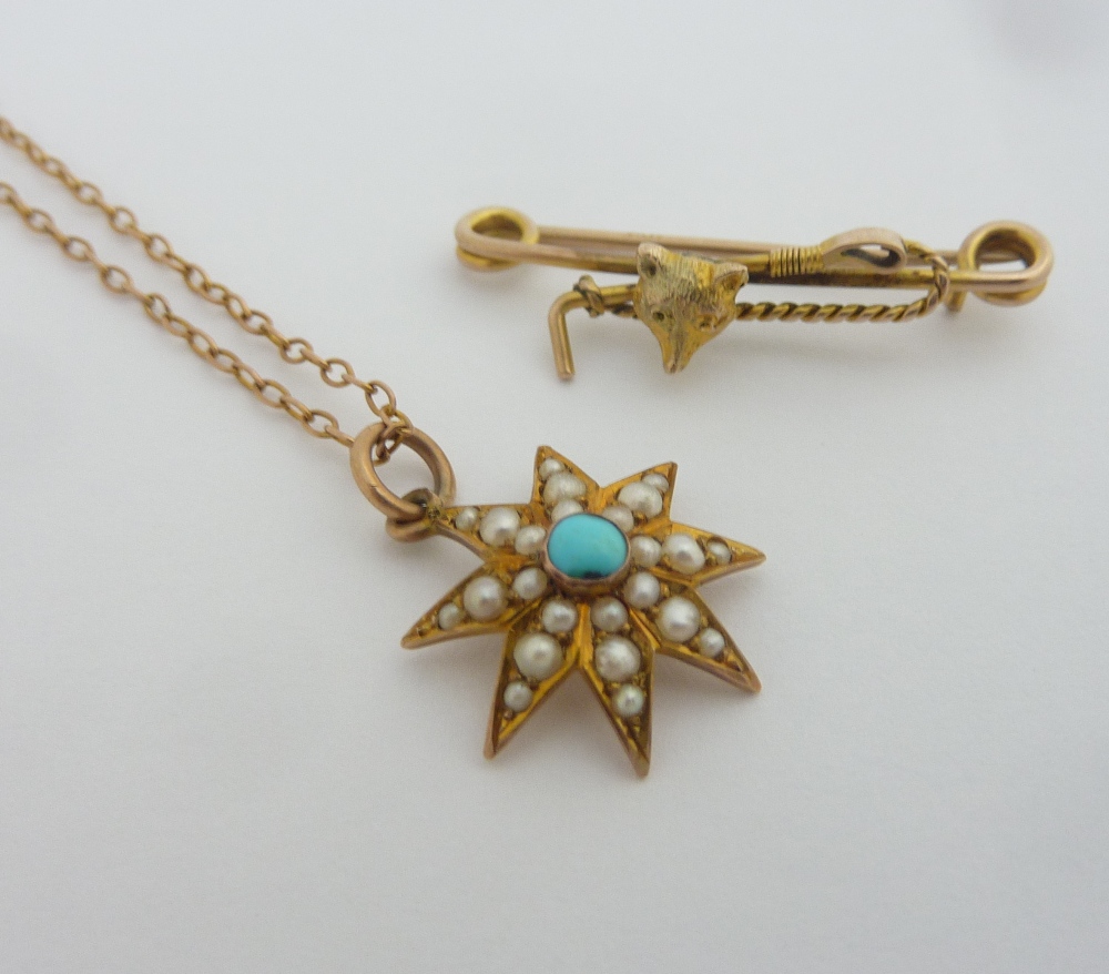TWO PIECES OF VICTORIAN JEWELLERY, the first a small fox riding crop bar brooch together with a star
