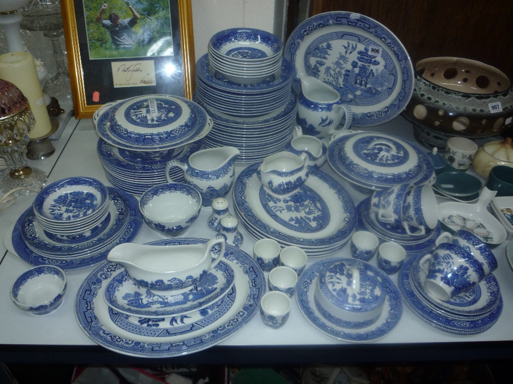 VARIOUS `WILLOW` PATTERN DINNERWARES, (over 90 pieces) (s.d.)