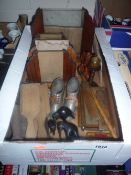 A BOX OF SUNDRIES, photo frames, rulers etc