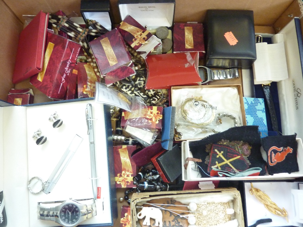 A BOX OF COSTUME JEWELLERY, to include watches