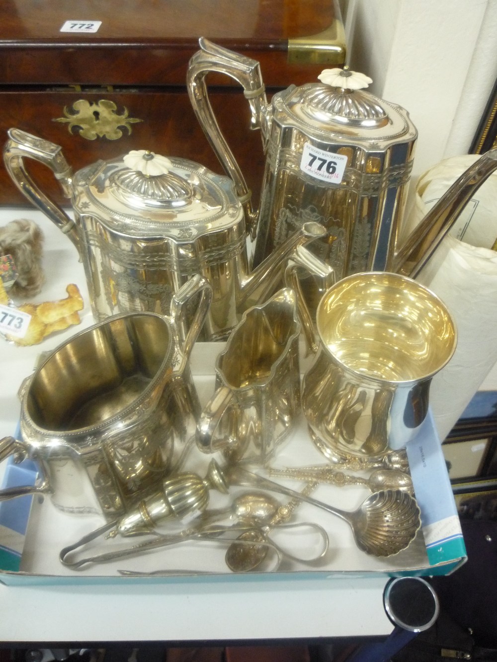 A FOUR PIECE PLATED TEA SERVICE, and other plated items etc