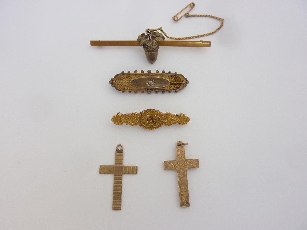 A COLLECTION OF JEWELLERY, to include two Victorian bar brooches, one with old cut diamond detail,