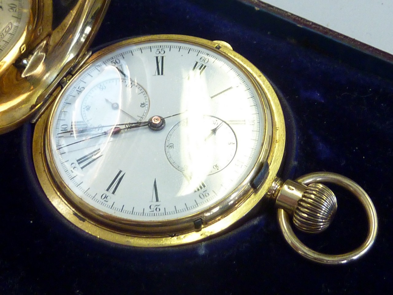 AN 18CT FULL HUNTER FLYBACK CHRONOGRAPH POCKET WATCH, topwind, Longines movement, original J.W.