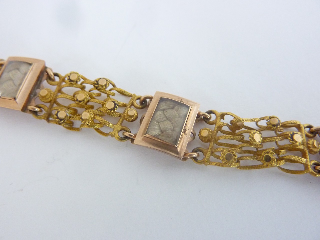 A VICTORIAN MEMORIAL BRACELET, each rectangular shape panel with blonde woven hair, each panel has a - Image 7 of 7