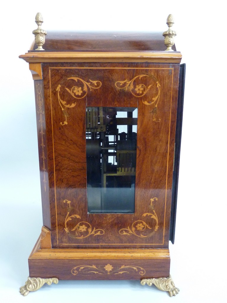 A ROSEWOOD BRACKET CLOCK, late 19th Century, arched and marquetry inlaid chamfered case with brass - Image 3 of 4