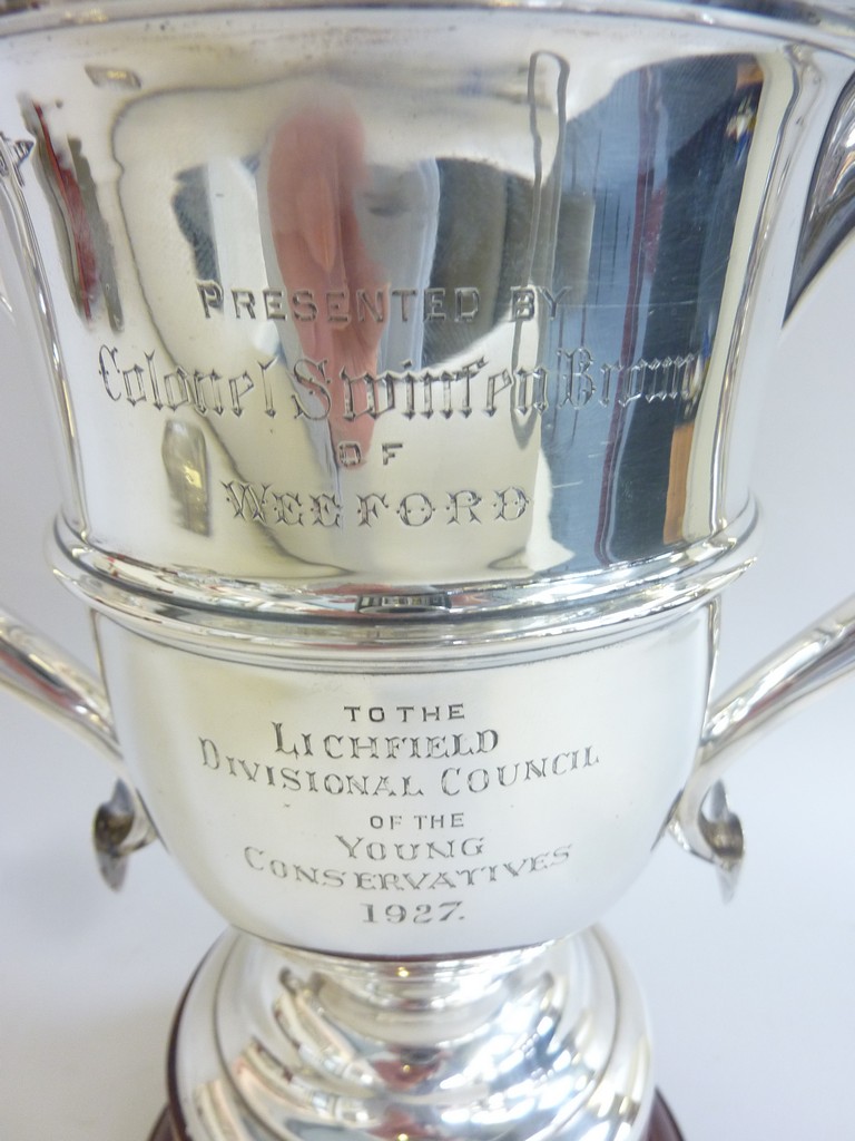 A WALKER & HALL SILVER TWIN HANDLED TROPHY OF LOCAL INTEREST, engraved ‘Presented by Colonel Swinfen - Image 2 of 3