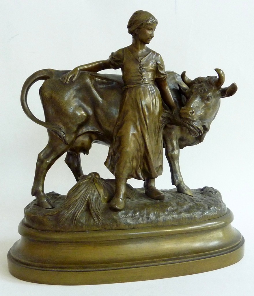AFTER TRUFFOT, EMILE LOUIS (FRENCH) (1843-1896), bronze figure group of a Dutch girl feeding a