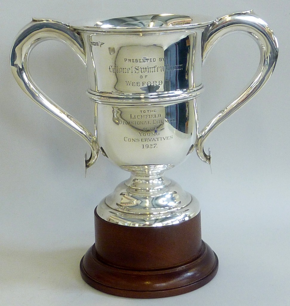 A WALKER & HALL SILVER TWIN HANDLED TROPHY OF LOCAL INTEREST, engraved ‘Presented by Colonel Swinfen