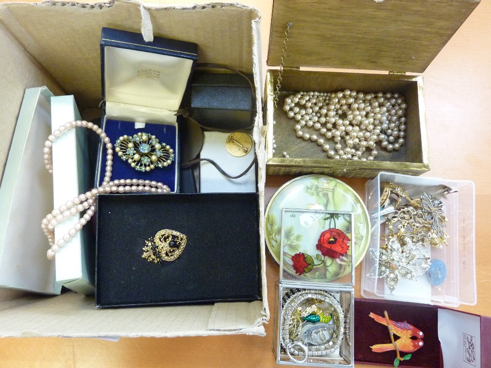 A BOX OF COSTUME JEWELLERY