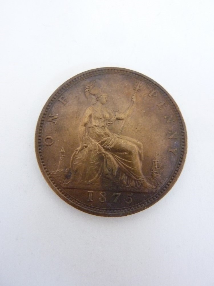 AN 1875 HEATON VICTORIA PENNY COIN, lustrous and toned (unc)