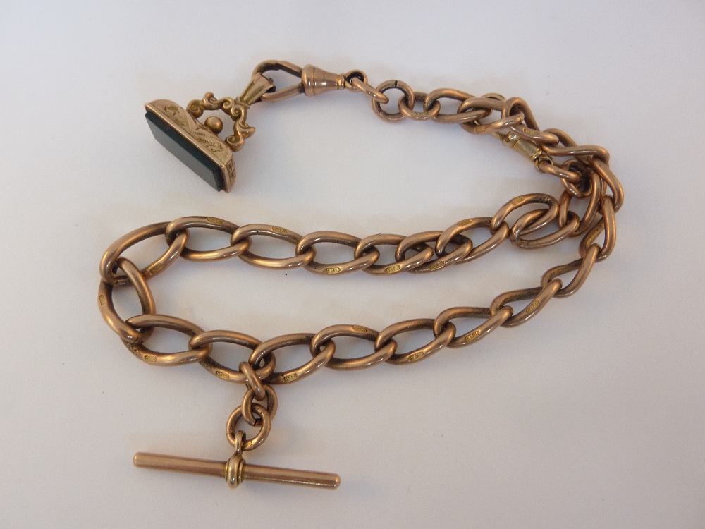 AN EARLY VICTORIAN CHAIN AND FOB, each oval link stamped 9.375, with rectangular shape bloodstone