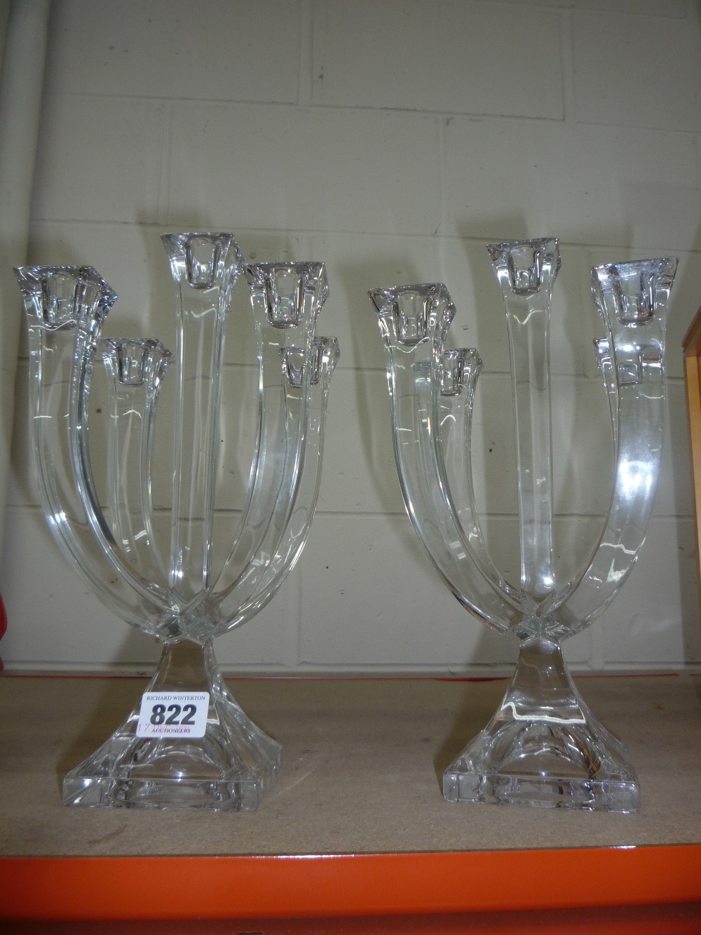 A PAIR OF NACHTMANN GLASS CANDELABRAS, height 28cm (2)