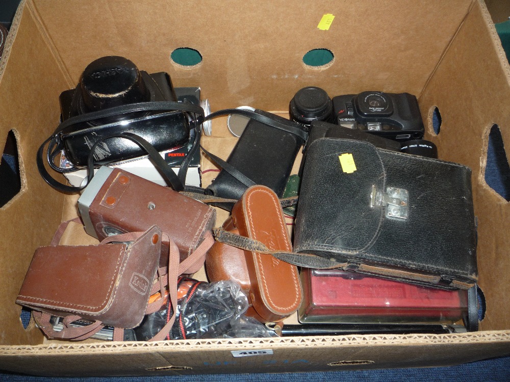 A TRAY OF SLR INSTANT AND FOLDING CAMERAS, makers include Yashica, Pentax, Franke