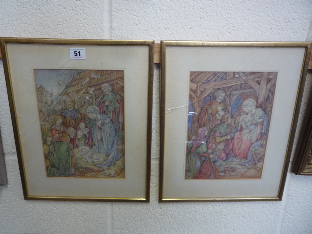 A PAIR OF ILLUMINATED NATIVITY ILLUSTRATIONS, 20th Century, pencil/watercolour, unsigned, marked `