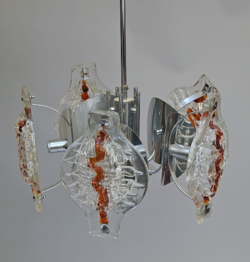 A glass and chromed metal 5 light pendant ceiling chandelier, late 20th century, the moulded glass