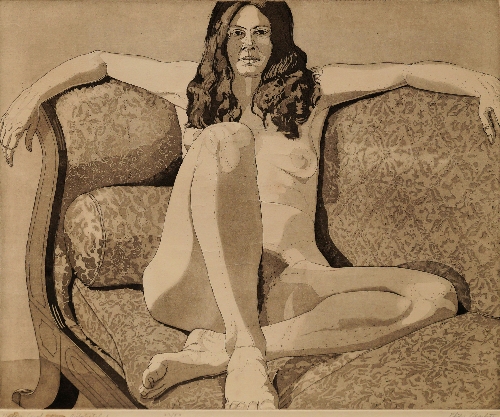 Philip Pearlstein, American b.1924- "Nude on Couch, Arms Outstretched"; etching with aquatint,