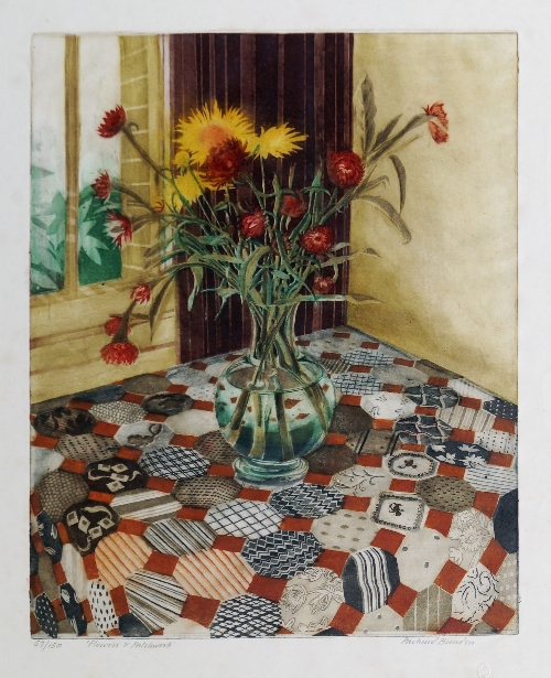 Richard Bawden RWS NEAC RE, British b.1936- "Flowers & Patchwork"; aquatint printed in colours,