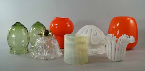A collection of Victorian and later domestic glass light shades, together with two metal shades(a