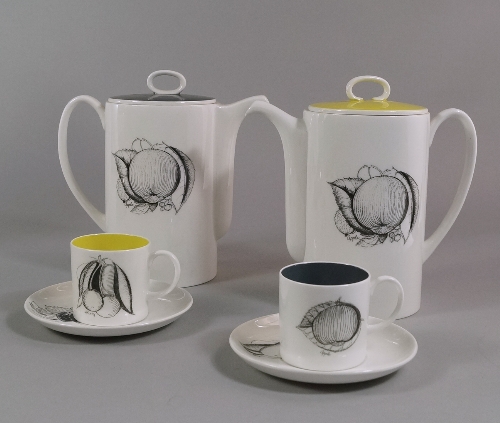 A Susie Cooper 'Black Fruit' pattern part coffee service for Wedgwood, 20th century, with printed