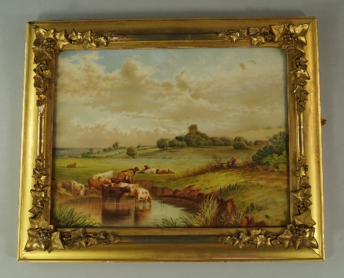 A Northern European hand painted rural landscape on opaline glass, late 19th century, depicting