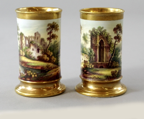 A Pair of Derby spill vases, attributed to William Billingsley, early 19th century, of cylindrical