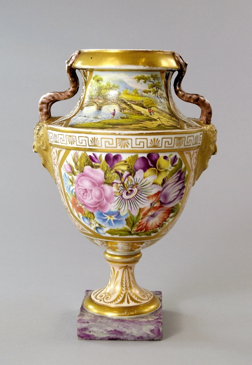 A Swansea twin handled vase, attributed to William Bingsley, early 19th century, of urn form with