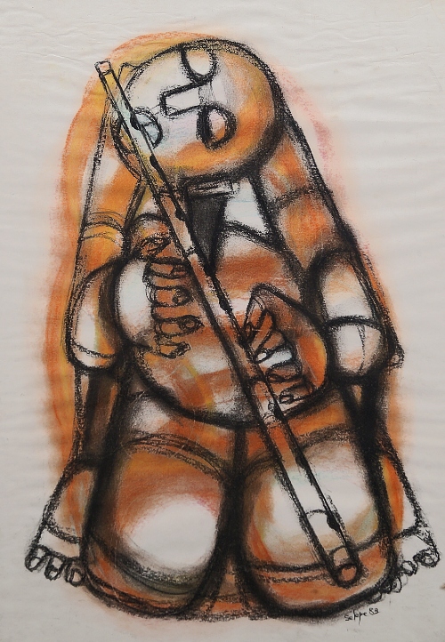 Daniel Selepe, South African b.1953- Flute player; black and coloured crayon, signed and dated 83,