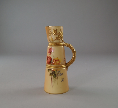 A Royal Worcester blush ivory jug, early 20th century, of tapering form with gilt handle to side,